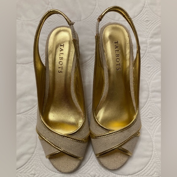 Talbots Gold and Beige Espadrilles Peep Toe Wedges, Heels, Sandals - Size 6.5 - Picture 2 of 9